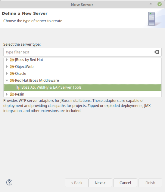 Liste des types de serveur dans Eclipse