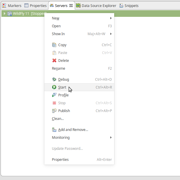 Lancement du serveur Wildfly dans Eclipse